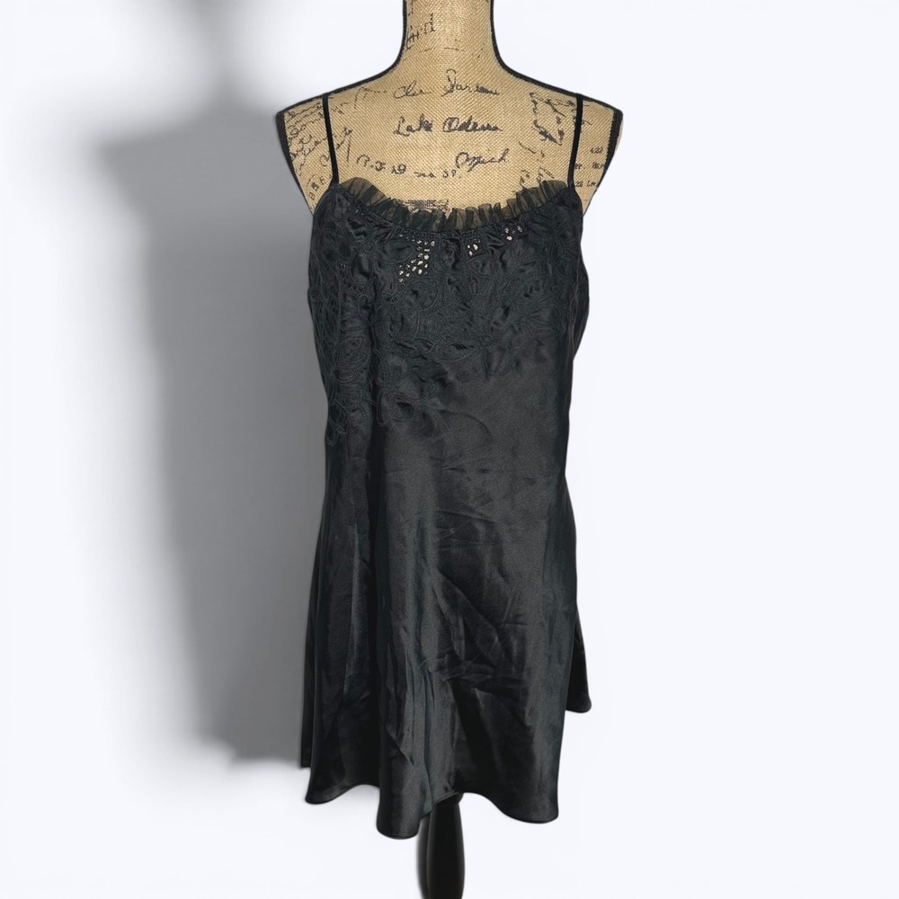 Vtg Ivy & Annabelle Black Satin Slip Dress Nightie Floral Lace Romantic‎ 90s XL